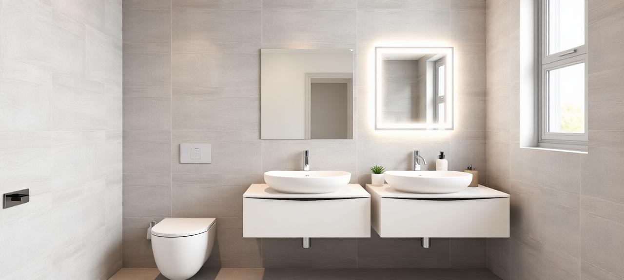 Modernes Bad mit Wandpaneelen und Schwebewaschbecken