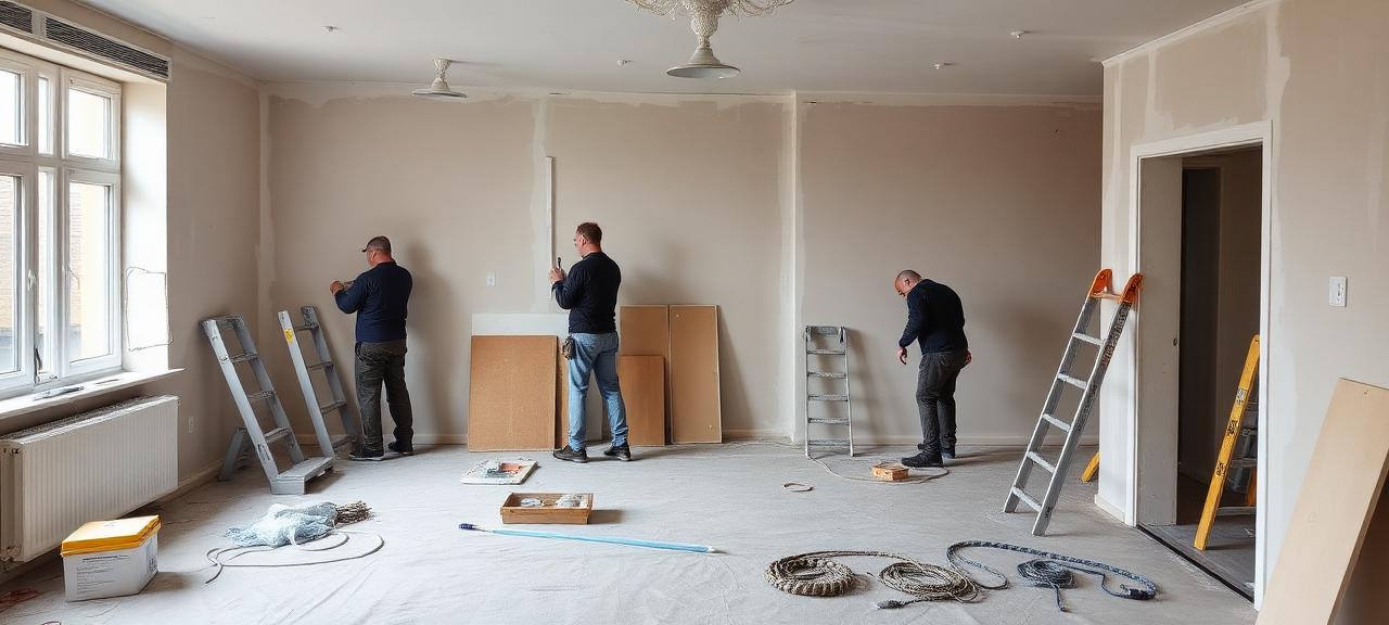 Sanierungsarbeiten in einer Wohnung mit mehreren Handwerkern