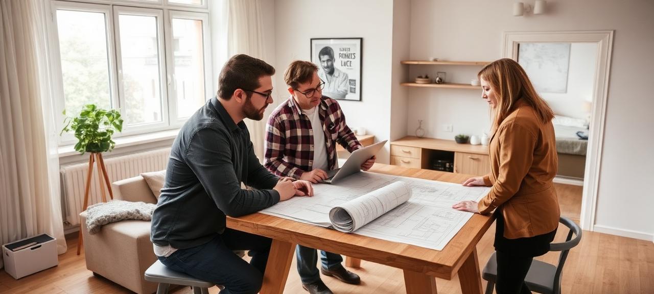 Beratungsgespräch zur Komplettsanierung mit Bauplänen