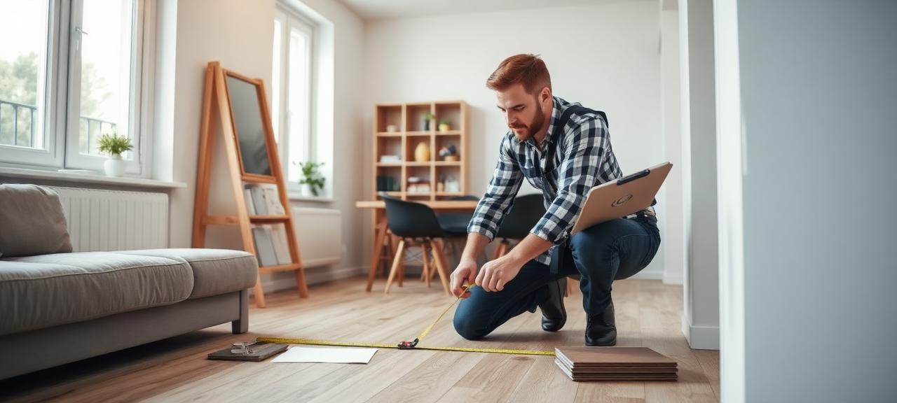 Handwerker beim Vermessen eines Raums für die Bodenverlegung