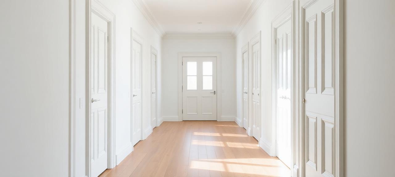 Moderner Flur mit frisch gestrichenen weißen Türen