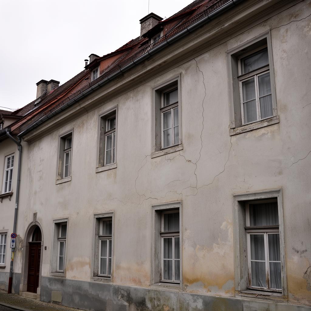 Verwitterte Hausfassade mit Rissen und abblätternder Farbe