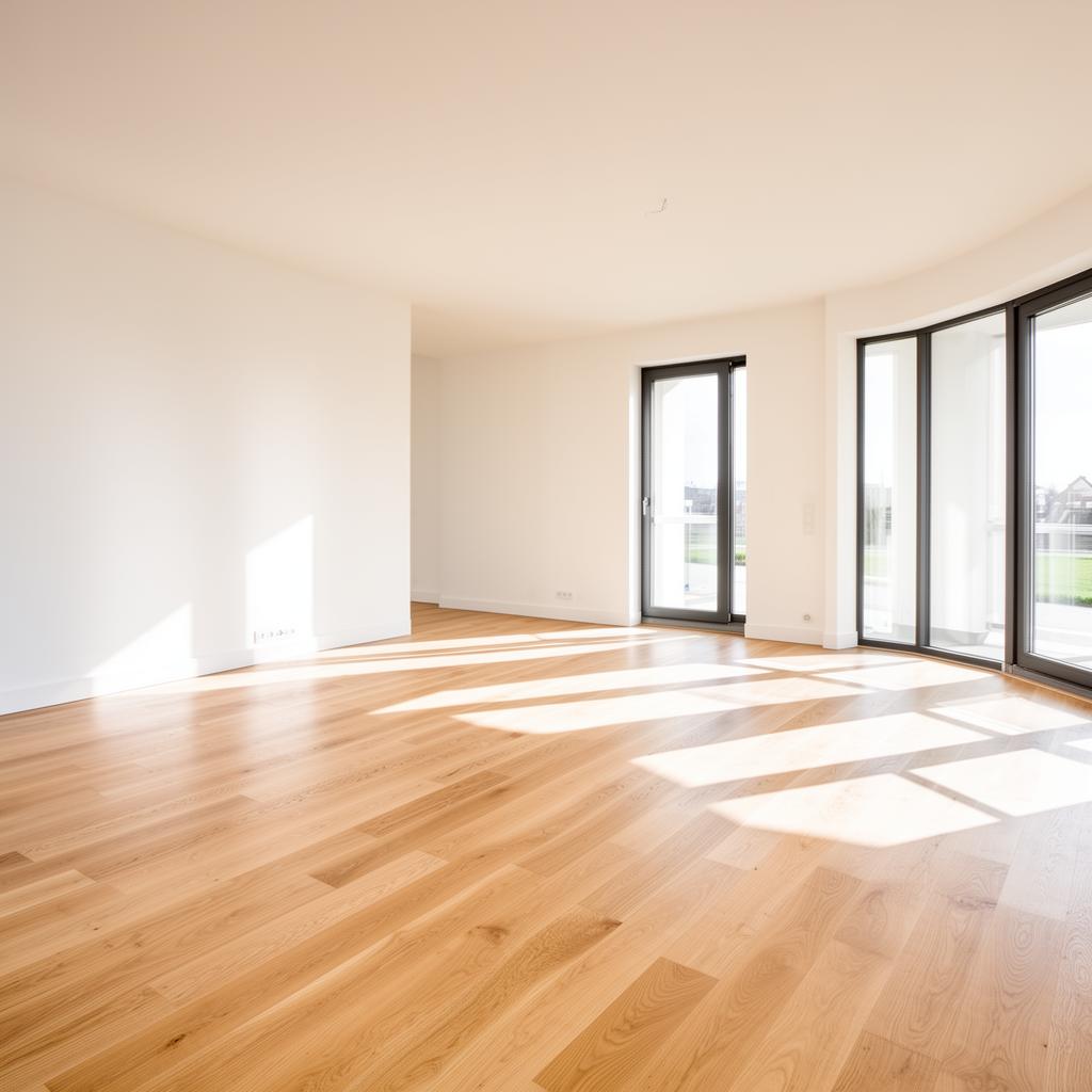 Moderner Wohnraum mit neuem hellem Holzboden