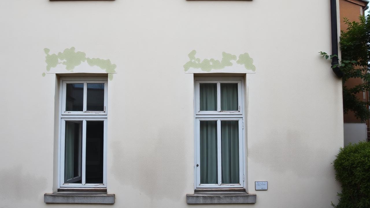 Hausfassade mit Verschmutzungen und Grünbelag