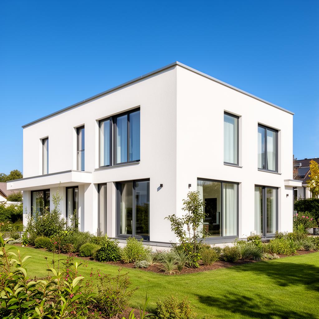 Modernes Einfamilienhaus mit frisch gestrichener heller Fassade