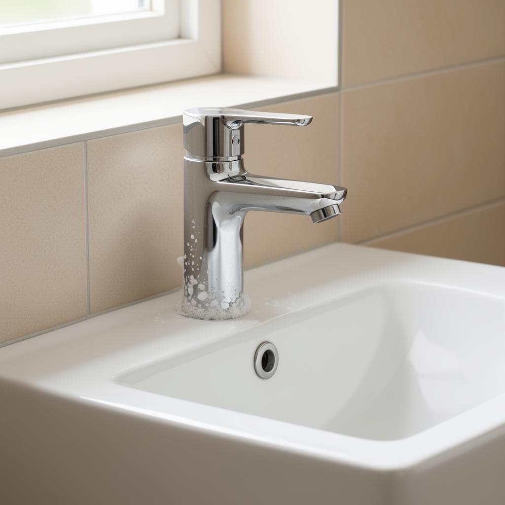 Badezimmer mit Kalkablagerungen an Armatur