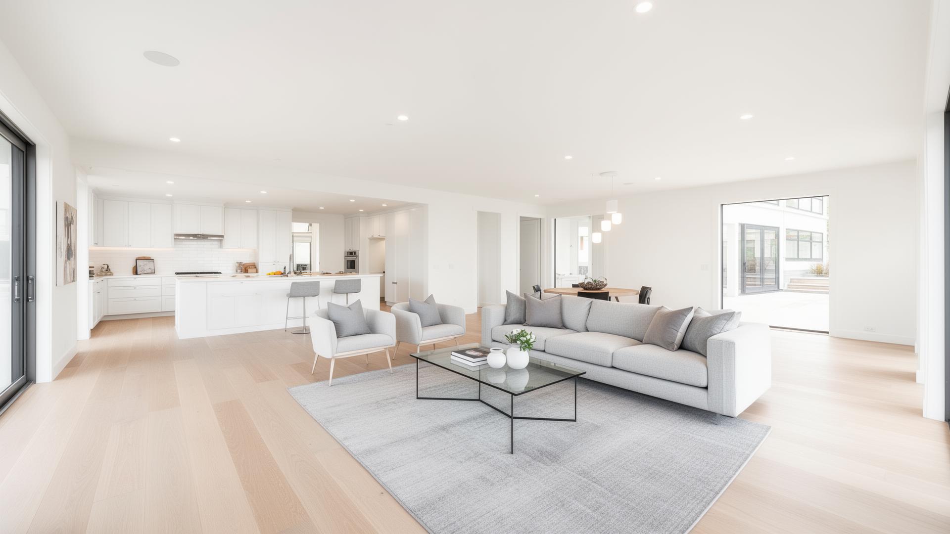 Modern renovierter Wohnraum mit hellem Holzboden und offener Küche