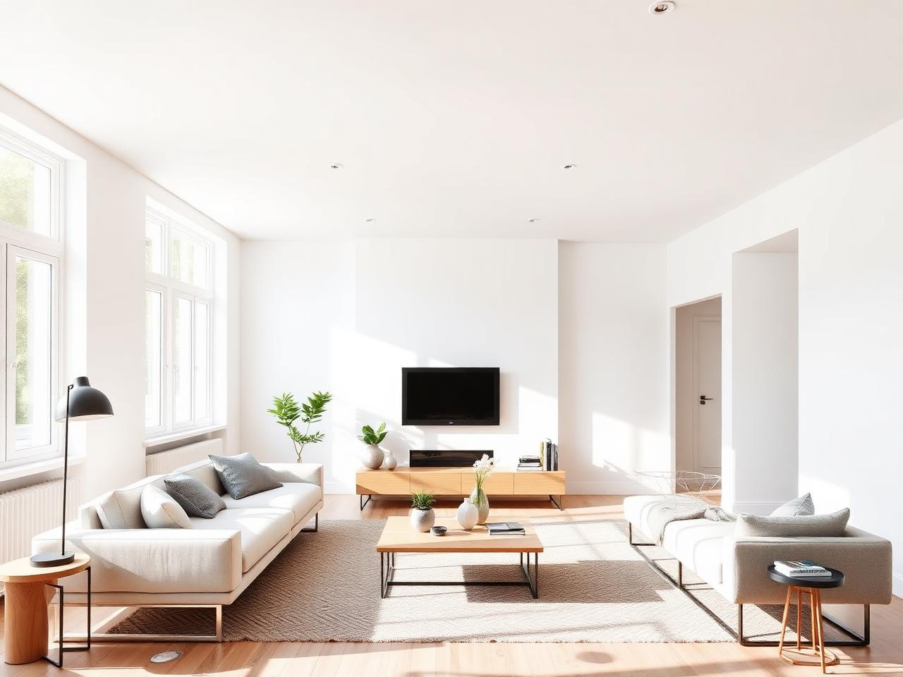 Moderner Wohnraum mit glatten weißen Wänden