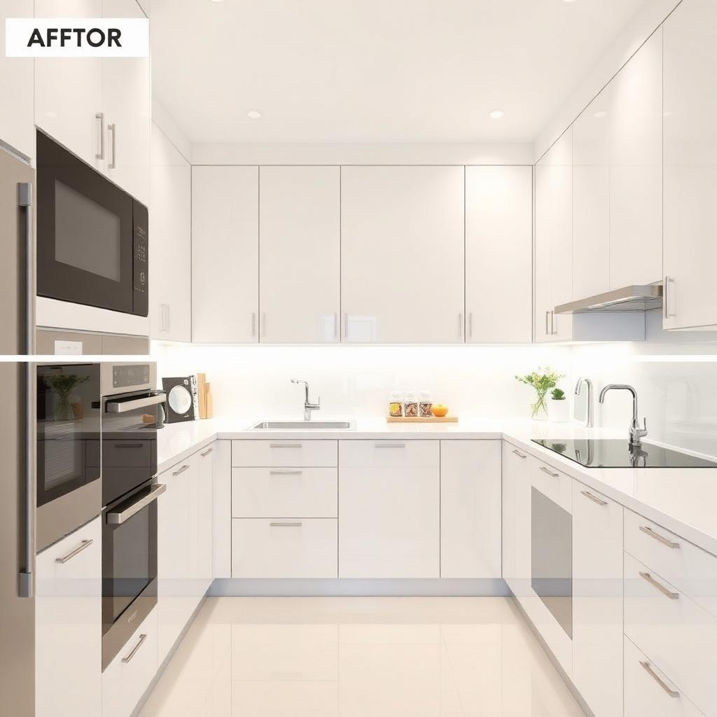 Moderne helle Küche mit integrierten Geräten