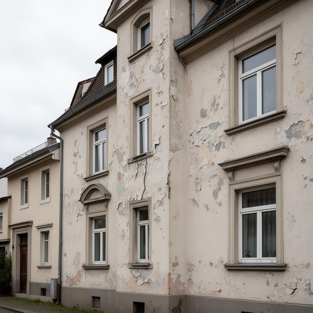 Nahaufnahme abblätternde Fassadenfarbe