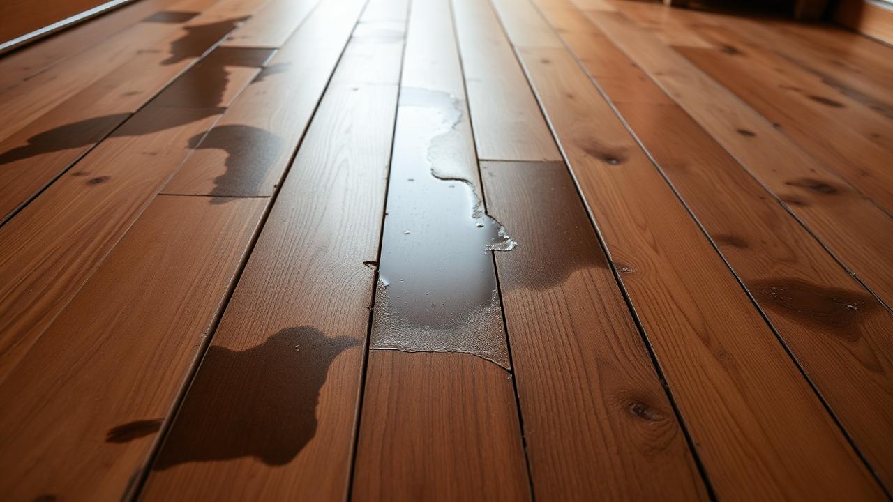 Holzboden mit Wasserflecken und Feuchtigkeitsschäden