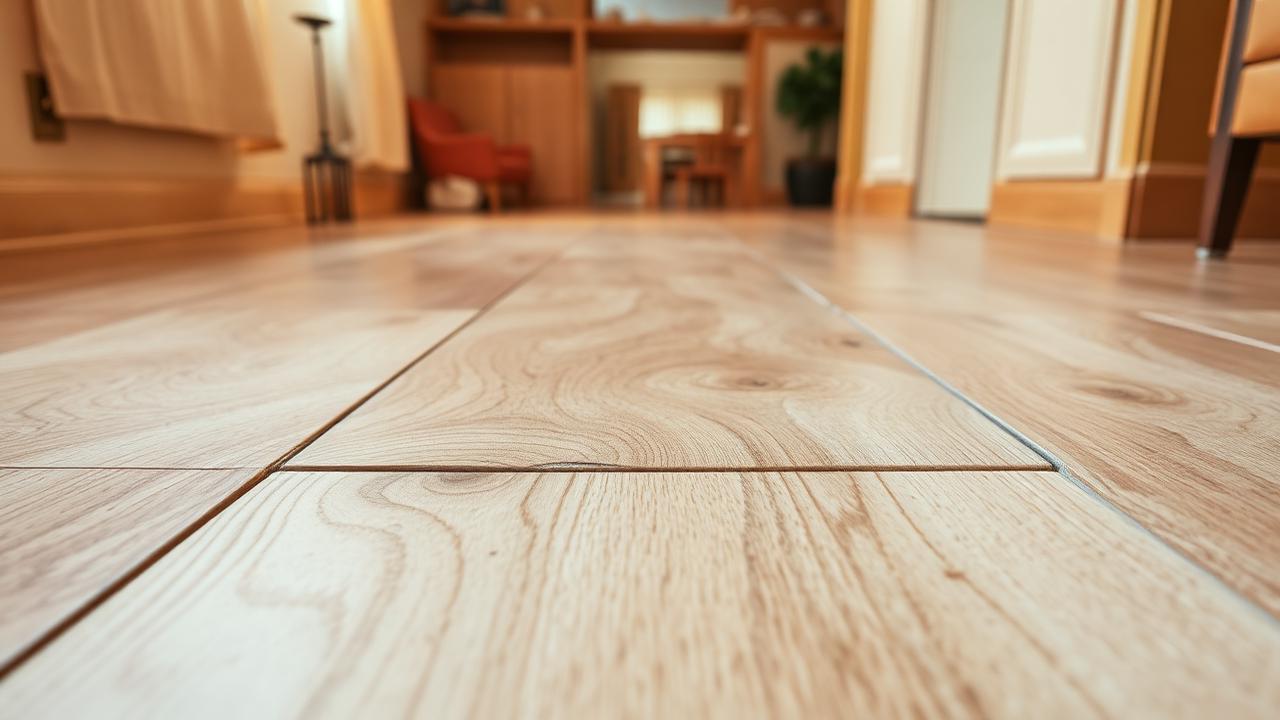 Nahaufnahme gewölbter Laminatplanken mit offenen Fugen