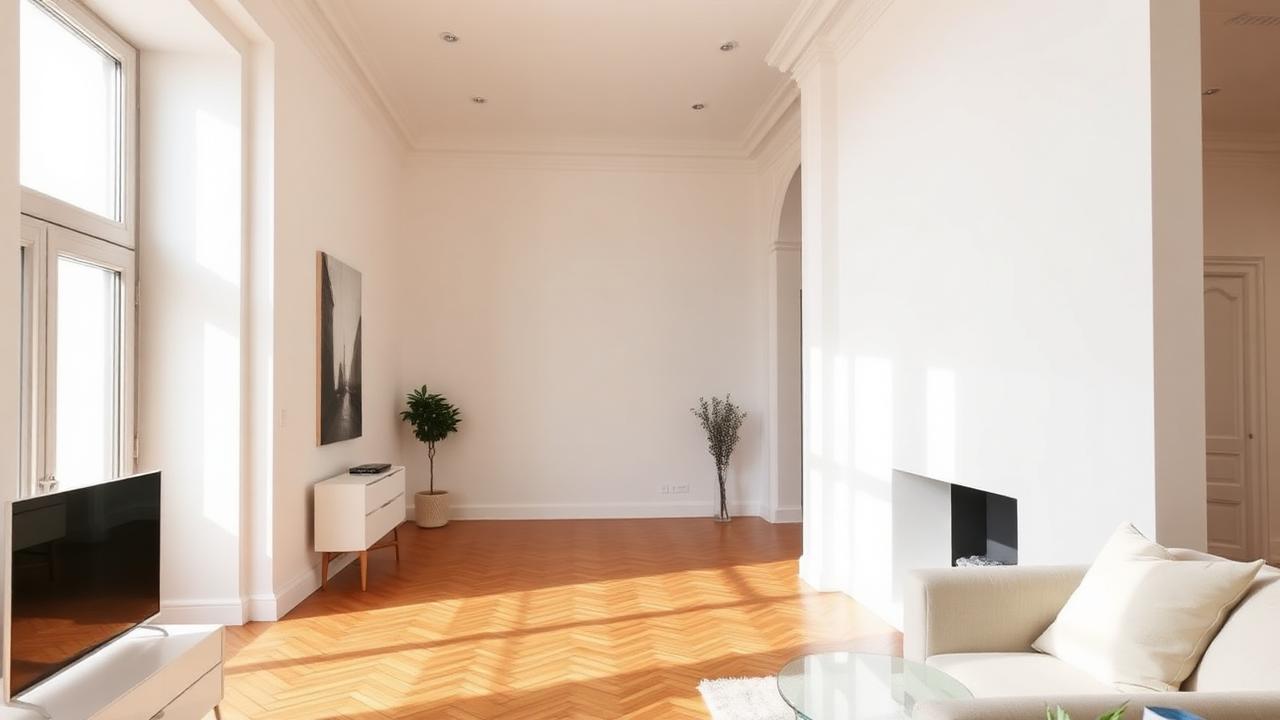 Modernes Wohnzimmer mit sauberen weißen Wänden nach Sanierung