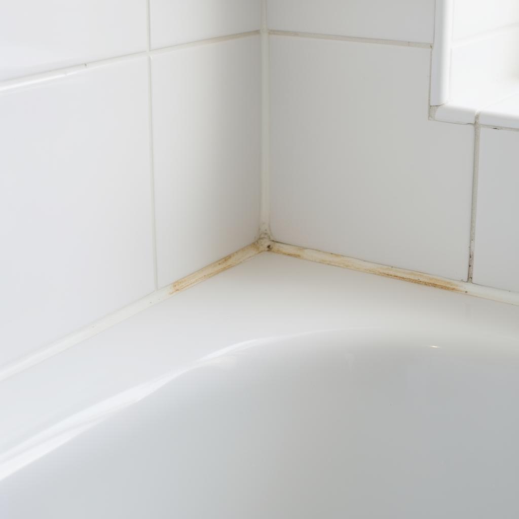 Nahaufnahme einer beschädigten Silikonfuge an der Badewanne