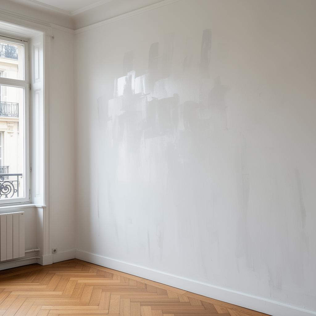 Nahaufnahme einer Wand mit sichtbaren Farbstreifen bei Seitenlicht