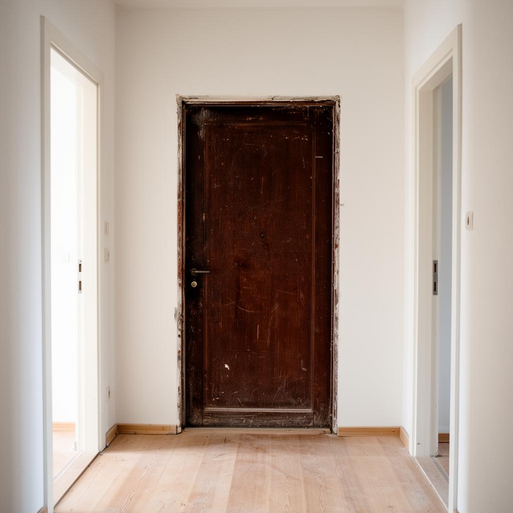 Alte abgenutzte dunkle Holztür